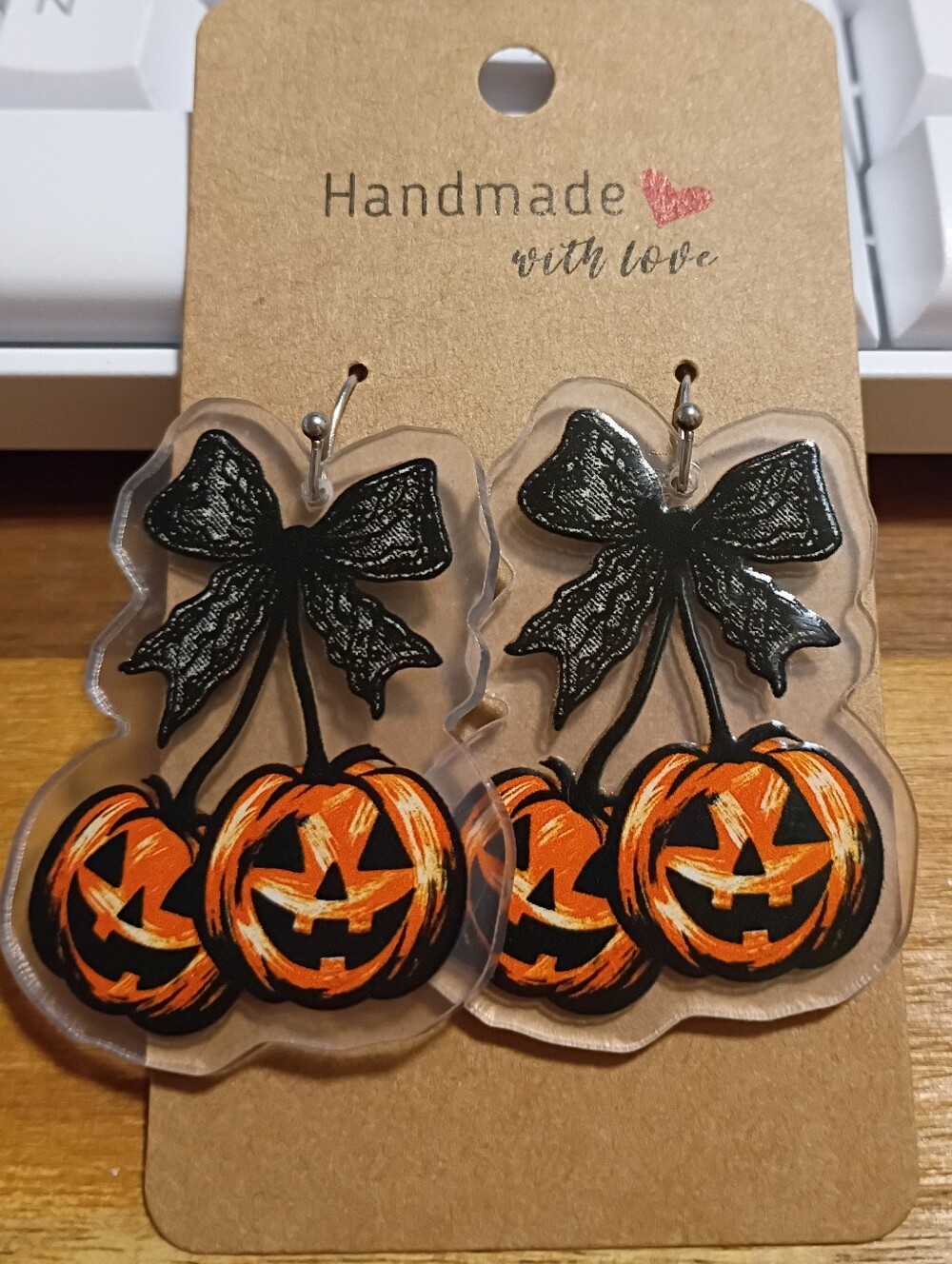 Handmade Halloween Pumpkin Lace Bow Drop Earrings Orange & Black